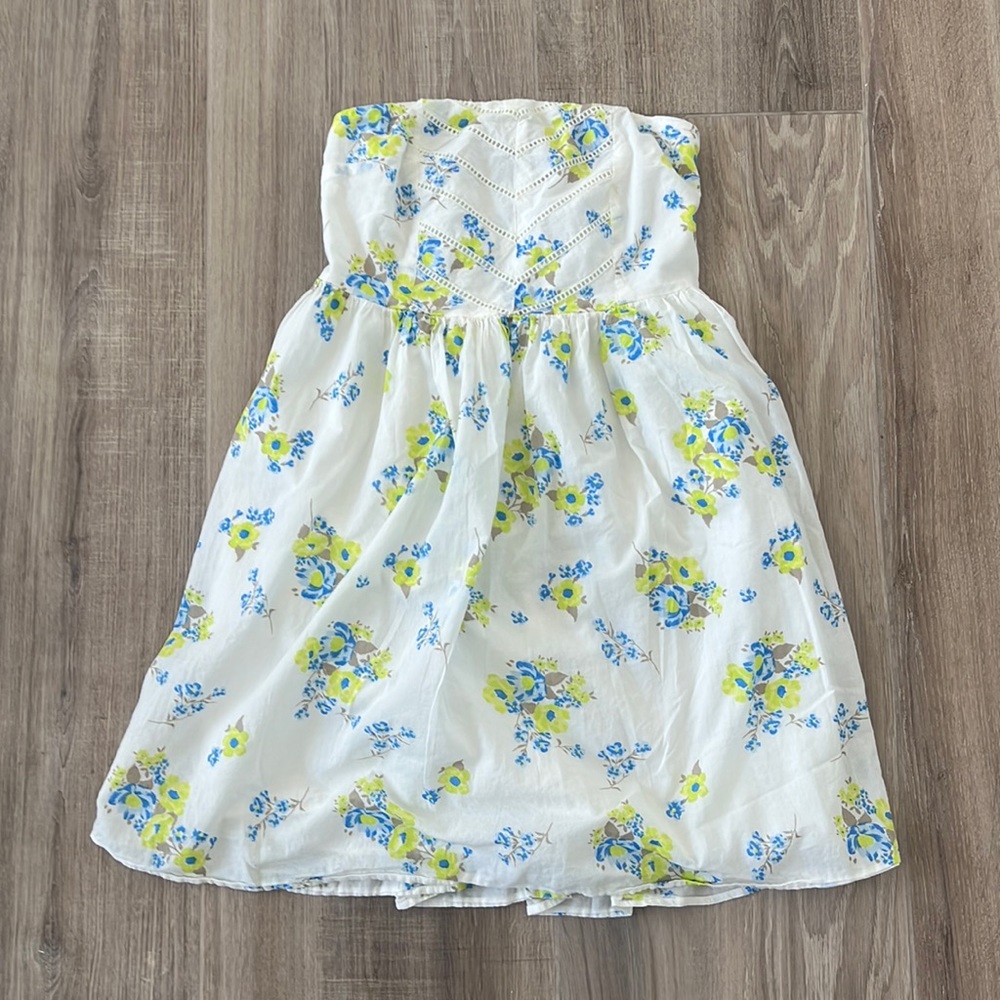 Old Navy White Strapless Floral Dress with Blue and Lime Accents